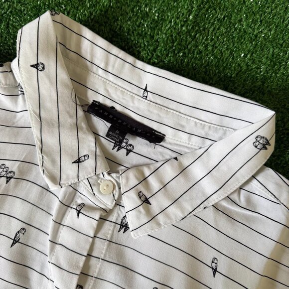 Jane + Delancey Button Up Bird on a Wire Pattern Lightweight White Blouse Size M - Picture 8 of 13